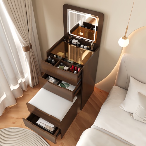 (48cm)(Walnut) 3 in 1 Vanity Desk with Plip Top Mirror,Small Make Up Vanity Set with Visible Glass Desktop, Compact Makeup Vanity with 3 Drawers, Dressing Table - Width: 48CM (WALNUT) - MDF+glass - MDF - Mid-Century Modern