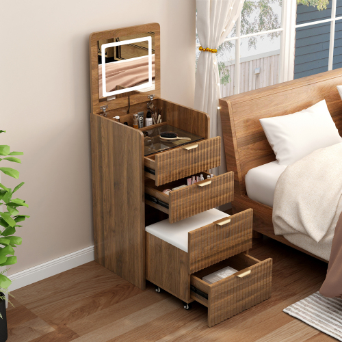 3 in 1 Vanity Desk with 3 Drawers and Rolling Stool, Compact Vanity with Flip Top Mirror and Lights, Modern Small Makeup Vanity Table (Walnut Color) - (NEW) Width: 48CM / With Wheels (WALNUT) - MDF+glass - MDF - Mid-Century Modern
