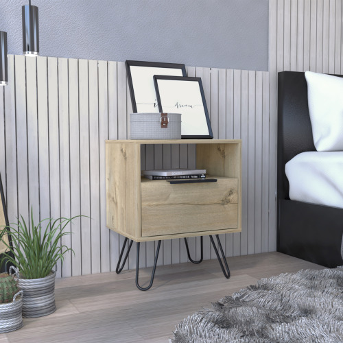 Augusta Nightstand , End Table, Side Table Single Door Cabinet, Hairpin Legs -Light Oak - Beige - Particle Board - Particle Board