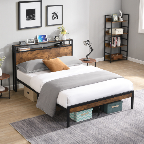 Full Size Metal Platform Bed Frame with Wooden Headboard and Footboard with USB LINER, No Box Spring Needed, Large Under Bed Storage, Easy Assemble - Not Specified - Not Specified