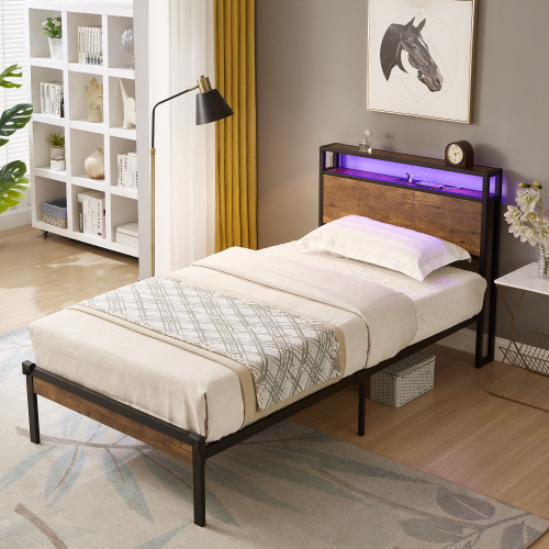 Twin Size Metal Platform Bed Frame with Wooden Headboard and Footboard with USB LINER, LED Lights ,No Box Spring Needed, Large Under Bed Storage, Easy Assemble - Not Specified - Not Specified