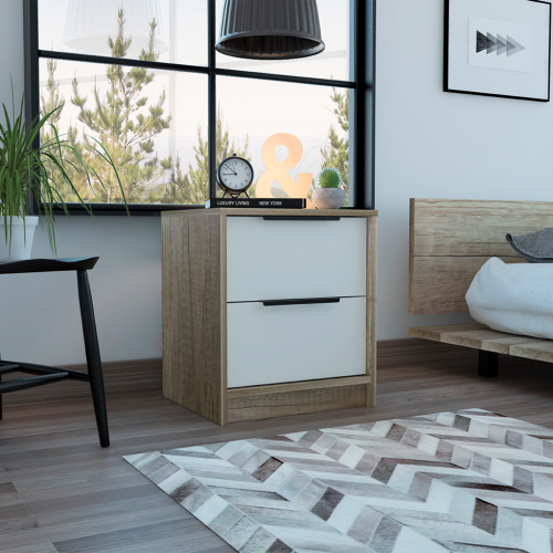 Modern Nightstand 19" H, Two Drawers, White / Light Oak - Multicolor - Particle Board - Particle Board