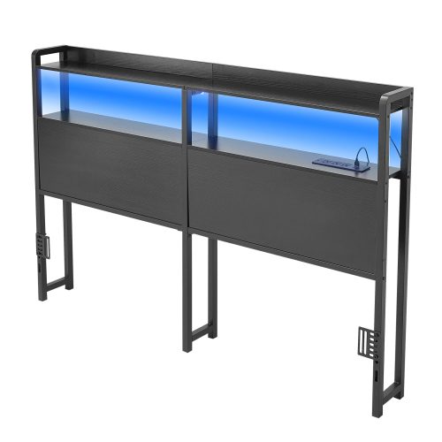 Headboard for Queen Size Bed, with 2 Storage Shelves, LED Light, 3 Outlets, and 3 USB Ports, Sturdy and Stable Carbon Steel Frame Head Board with Charging Station, Adjustable Height, Black - Iron