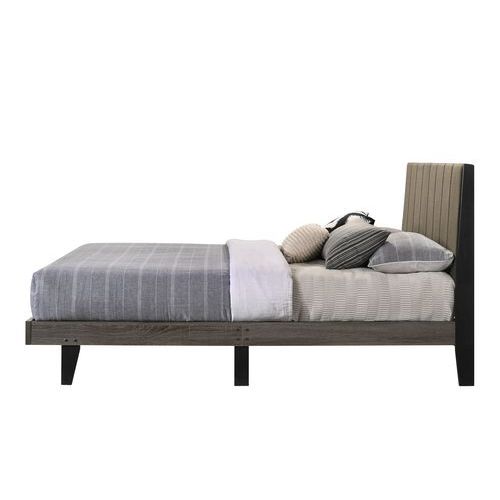 Valdemar Brown Fabric & Weathered Gray Finish Queen Bed - Fabric,Synthetic Wood