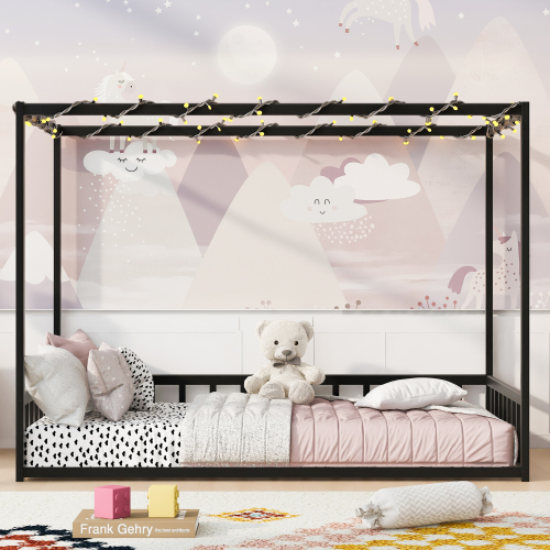 Twin size sunshade floor bed, iron double-size bed frame, modern low-profile double-size bed, equipped with fence-style guardrails, black series - American Design,Artsy - Bedroom - Box Spring Required - Not Specified