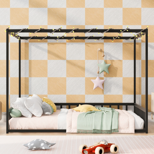 Full size sunshade floor bed, iron double-size bed frame, modern low-profile double-size bed, equipped with fence-style guardrails, black series - American Design,Artsy - Bedroom - Box Spring Required - Not Specified