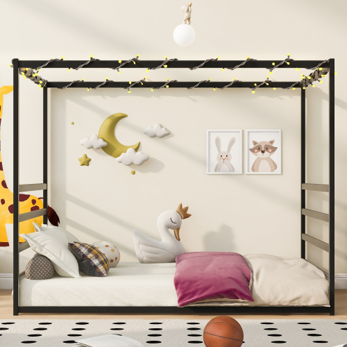 Queen size sunshade floor bed, iron double-size bed frame, modern low-profile double-size bed, equipped with fence-style guardrails, black series - American Design,Artsy - Bedroom - Box Spring Required - Brown