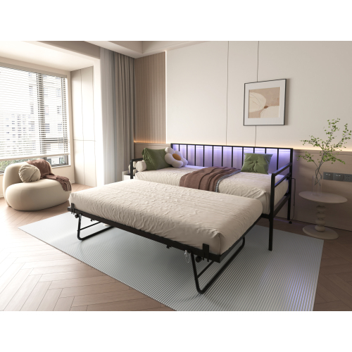 Twin Daybed with RGB LED Lights & Charging Station, Height Adjustable Day Bed Frame with Trundle, Versatile Metal Sofa Bed Frame for Bedroom, Living Room, Guest Room, Black - Not Specified