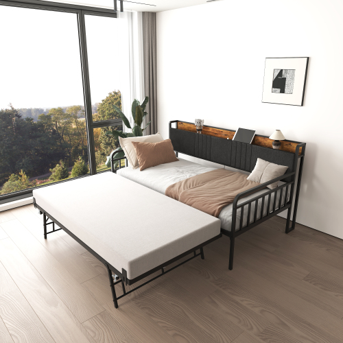 Daybed with Trundle, Sturdy Metal Twin Bed Frame with Upholstered Headboard and Charging Station for Living Room, Bedroom and Guest Room, Black - Black+Brown+Grey - MDF+Metal - MDF