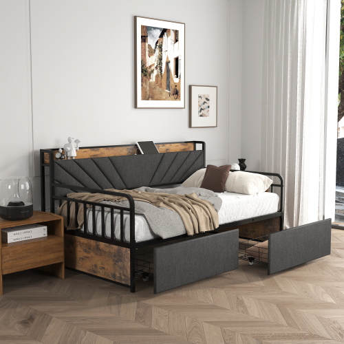 Twin Daybed with Drawers,Sturdy Metal Twin Bed Frame with Upholstered Headboard and Charging Station for Living Room, Bedroom and Guest Room - Black+Brown+Grey - MDF+Metal - MDF