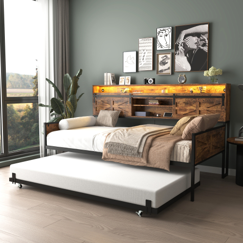 Twin Daybed with Trundle, Farmhouse Daybed Frame with Sliding Barn Door Headboard and Charging Station & LED Light for Bedroom and Guest Room, Rustic Brown - Black+Brown - MDF+Metal - Metal - MDF