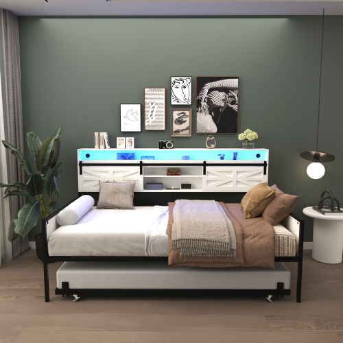 Twin Daybed with Trundle, Farmhouse Daybed Frame with Sliding Barn Door Headboard and Charging Station & LED Light for Bedroom and Guest Room, White - Glossy White - MDF+Metal - Metal - MDF