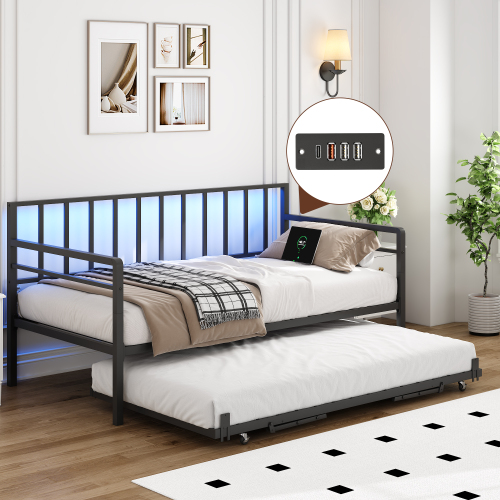 Twin Daybed with RGB LED Lights & Charging Station, Height Adjustable Day Bed Frame with Trundle, Versatile Metal Sofa Bed Frame for Bedroom, Living Room, Guest Room, Black - Not Specified - Black - Metal - Metal - Not Specified