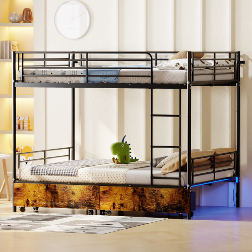 Bunk bed with ladder and high guardrail, includes lights, charging plug, detachable bed, metal construction, storage space, quiet operation, full size, black. - Modern - Bathroom - Box Spring Not Required