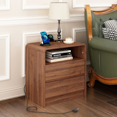 25" Tall Modern Nightstand with Charging Station, 23.6'' Wide Wood Bedside Table w/2 Storage Drawers, Large Mid Century End Table for Bedroom, Living Room, Curved Profile Design ( WALNUT ) - MDF - MDF - Classic