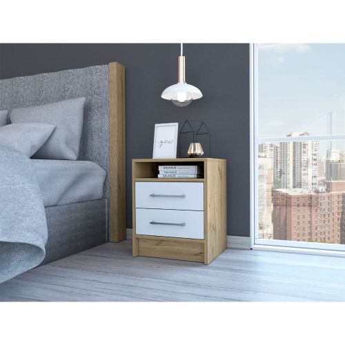Eter Nightstand , End Table, Side Table Superior Top, Two Drawers -White / Light Oak - Multicolor - Particle Board - Particle Board - Not Specified - Not Specified - Not Specified - Not Specified - Not Specified
