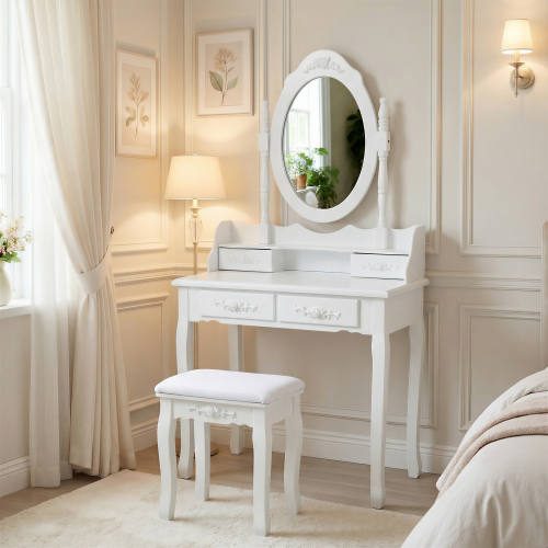 White Princess Vanity Desk Set with Mirror & Cushioned Stool, 4-Drawer Wooden Makeup Vanity Table for Girls' Bedroom, Dressing Table with Ample Storage - MDF - Not Specified