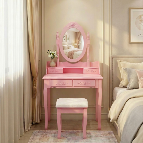 Pink Princess Vanity Desk Set with Mirror & Cushioned Stool, 4-Drawer Wooden Makeup Vanity Table for Girls' Bedroom, Dressing Table with Ample Storage - MDF - 4 Drawers