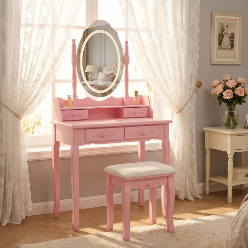 Pink Princess Vanity Desk Set with Mirror & Cushioned Stool,Light Modes,4-Drawer Wooden Makeup Vanity Table for Girls' Bedroom, Dressing Table with Ample Storage - MDF - 4 Drawers
