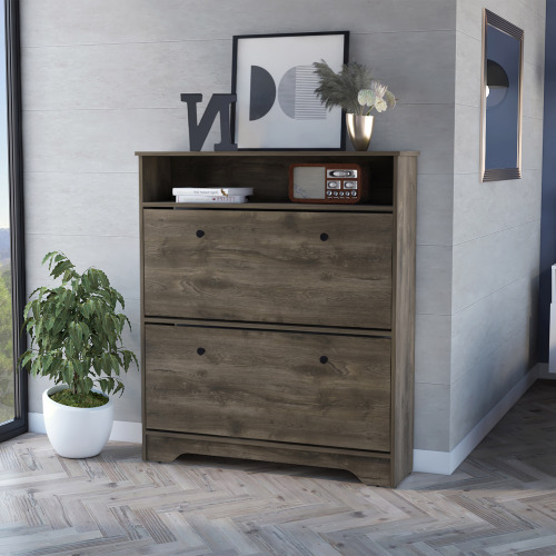 Shoe Rack Dublin, One Open Shelf, Two Extendable Cabinets, Dark Brown Finish - Particle Board