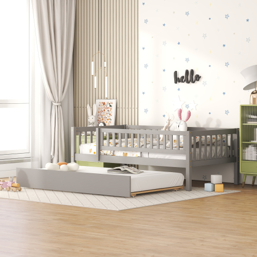 Twin Size Wood Daybed with Trundle and Fence Guardrails, Gray - Solid Wood+MDF - Solid Wood