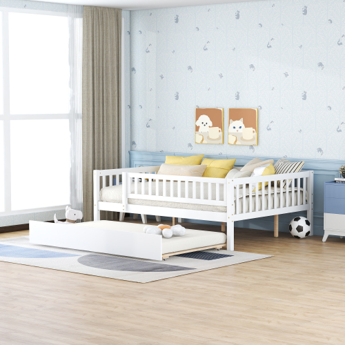Full Size Wood Daybed with Trundle and Fence Guardrails, White - Solid Wood+MDF - Solid Wood