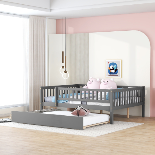 Full Size Wood Daybed with Trundle and Fence Guardrails, Gray - Solid Wood+MDF - Solid Wood