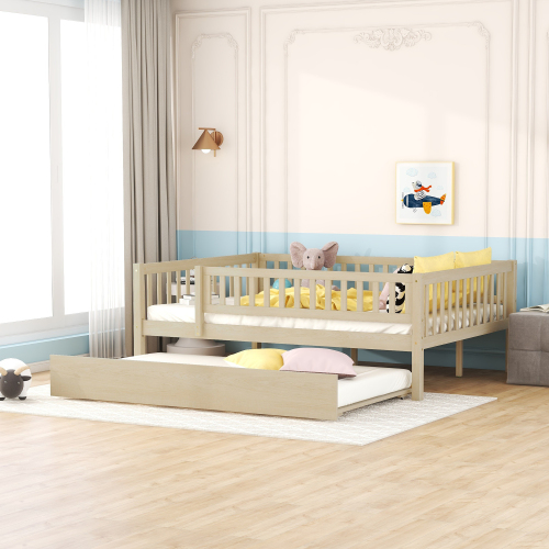 Full Size Wood Daybed with Trundle and Fence Guardrails, Natural - Solid Wood+MDF - Solid Wood