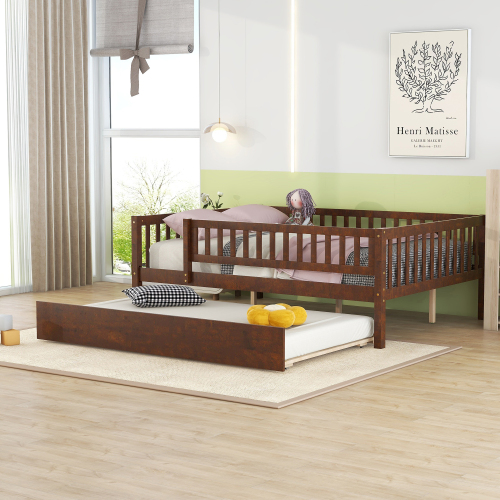 Full Size Wood Daybed with Trundle and Fence Guardrails, Walnut - Solid Wood+MDF - Solid Wood
