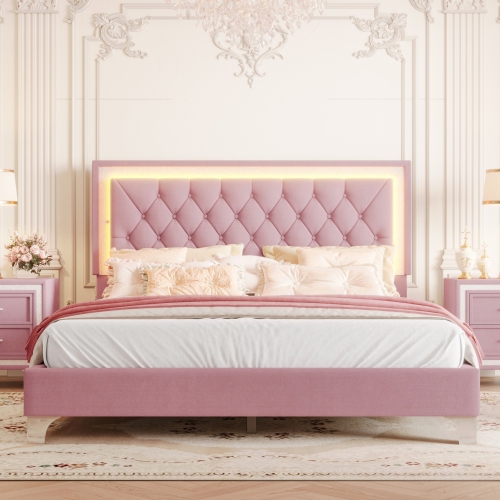 Queen Size Upholstered Bed Frame with LED Lights,Modern Velvet Platform Bed with Tufted Headboard,Pink - Not Specified