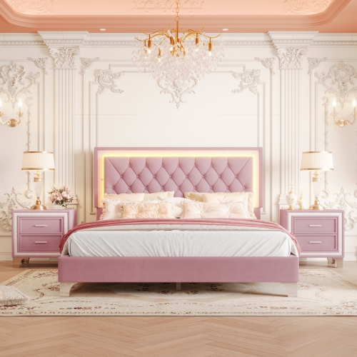 3-Pieces Bedroom Sets,Queen Size Upholstered Platform Bed with LED Lights and Two Nightstands-Pink - Velvet - 3 Piece Set