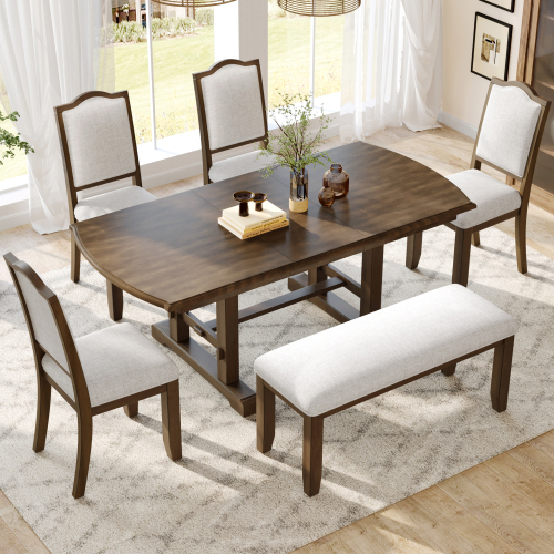 6-Piece Dining Table Set, 59 inch to 77 inch Extendable Wood Dining Table with Removable Leaf, Kitchen Table Set with 4 Upholstered Side Chair and Bench, Dining Table Set for 6 (Brown) - Rubber Wood - American Design,Classic,Mid-Century Modern - Rubberwood - Rectangular - Not Specified - Fabric - 59-Inch - Not Specified - Dining Room - Seats 6 - Double Pedestal - Solid Back - Dining Table with Chair and Bench - Rectangular