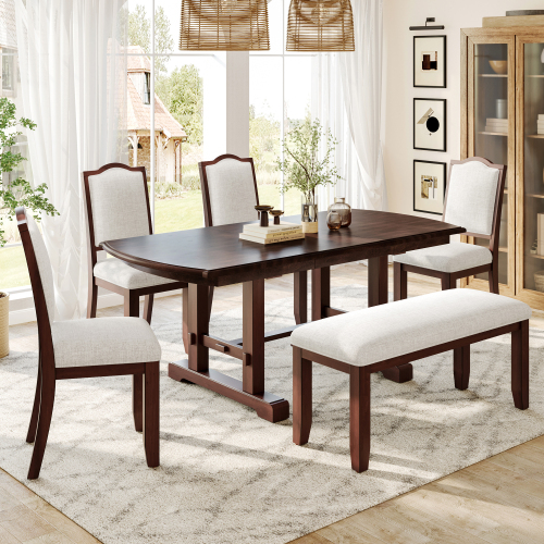 6-Piece Dining Table Set, 59 inch to 77 inch Extendable Wood Dining Table with Removable Leaf, Kitchen Table Set with 4 Upholstered Side Chair and Bench, Dining Table Set for 6 (Cherry) - Rubber Wood - American Design,Classic,Mid-Century Modern - Rubberwood - Rectangular - Not Specified - Fabric - 59-Inch - Not Specified - Dining Room - Seats 6 - Double Pedestal - Solid Back - Dining Table with Chair and Bench - Rectangular