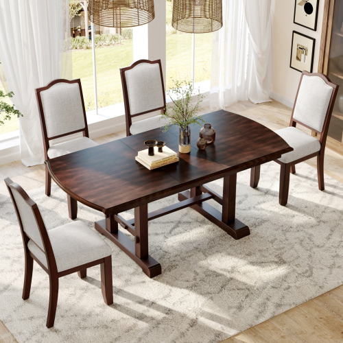 5-Piece Dining Table Set, 59 inch to 77 inch Extendable Wood Dining Table with Removable Leaf, Kitchen Table Set with 4 Upholstered Side Chair, Dining Table Set for 4 (Cherry) - Rubber Wood - American Design,Classic,Mid-Century Modern - Rubberwood - Rectangular - Not Specified - Fabric - 59-Inch - Not Specified - Dining Room - Seats 4 - Double Pedestal - Solid Back - Dining Table with Chair and Bench - Rectangular