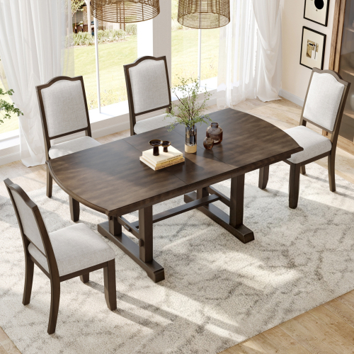 5-Piece Dining Table Set, 59 inch to 77 inch Extendable Wood Dining Table with Removable Leaf, Kitchen Table Set with 4 Upholstered Side Chair, Dining Table Set for 4 (Brown) - Rubber Wood - American Design,Classic,Mid-Century Modern - Rubberwood - Rectangular - Not Specified - Fabric - 59-Inch - Not Specified - Dining Room - Seats 4 - Double Pedestal - Solid Back - Dining Table with Chair and Bench - Rectangular