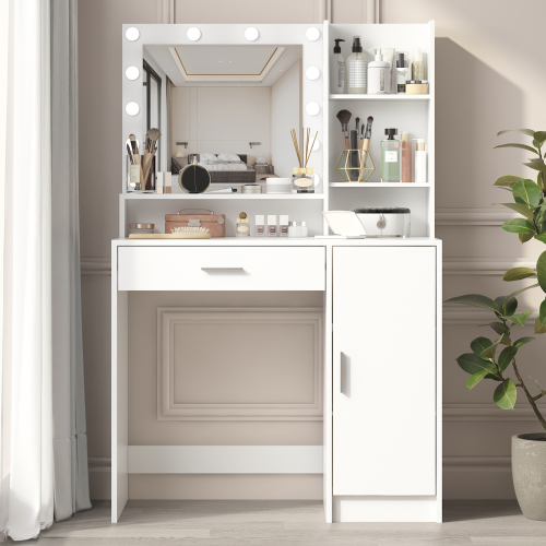 Vanity Desk with Mirror & Light, Large Drawer Three Level Storage Dresser, 3 Lighting Modes Adjustable Brightness, Bedroom Dressing Table(white) - Particle Board - 3-Light
