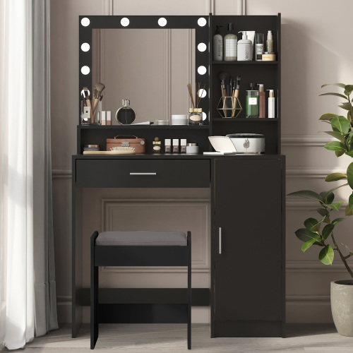 Vanity Desk with Mirror & Light, Large Drawer Three Level Storage Dresser, 3 Lighting Modes Adjustable Brightness, Bedroom Dressing Table(black) - Particle Board - 3-Light