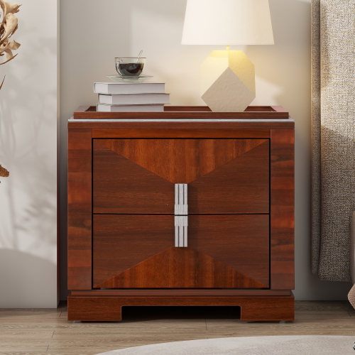 Mid-Century Modern Nightstand, 2 Drawers Wide Sofa Side Table,Wood Diamond Shaped End Table with Storage,Closet with Heavy Duty Base,Small Bedside Table for Bedroom,Living Room,Entrance, Dark Brown - MDF