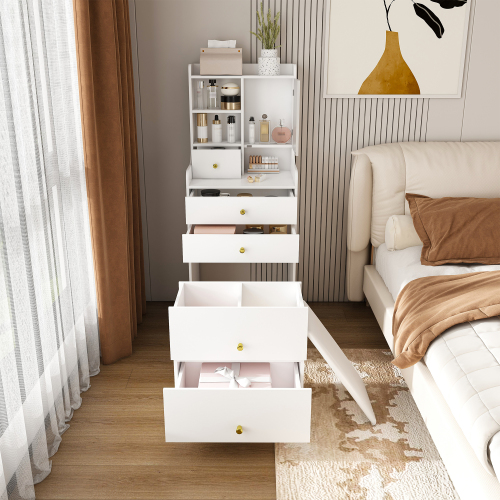 3-in-1 Dressing Table with LED Mirror & Storage Stool - Compact Makeup Vanity with 4 Drawers, Storage Cabinet & Hidden Stool, White Density Board Design, Open Bookshelf for Bedroom Organization - MDF - Not Specified - Not Specified - Not Specified - Not Specified - Not Specified