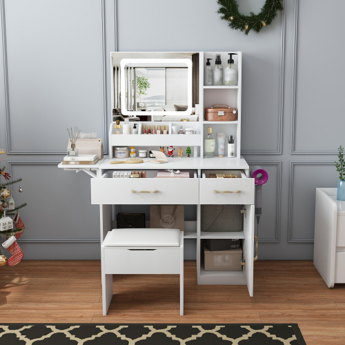 Vanity Desk with LED Mirror Lights and Power Outlet Charging Station, Makeup Dressing Table with 3 Drawers, 7 Shelves and Storage Stool, for Girls and Women (White) - MDF - Not Specified - Not Specified - Not Specified - Not Specified - Not Specified
