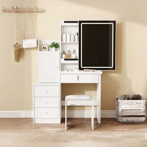 Vanity Desk Set with Sliding Lighted Mirror, Makeup Dressing Table with 4 Drawers & 9 Storage Spaces, Hidden Compartments and Cushioned Stool, White Beauty Furniture for Bedroom - MDF - Not Specified - Not Specified - Not Specified - Not Specified - Not Specified