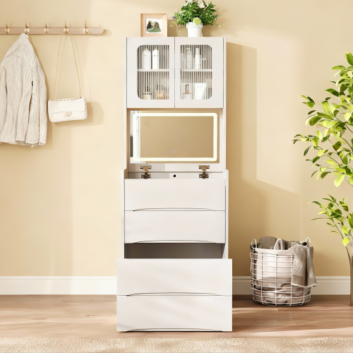3-in-1 Vanity Table with LED Mirror & Storage Stool, Flip Top Makeup Dressing Table with Adjustable Lights, 5 Storage Spaces Cosmetic Organizer for Bedroom - White - MDF - Not Specified - Not Specified - Not Specified - Not Specified - Not Specified