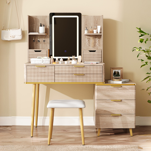 7-Drawer Vanity Desk with LED Mirror & Carved Details, Fluted Makeup Table with Metal Legs and PU Stool, Carved Dressing Table with Jewelry Storage for Bedroom - Yellow Brown - MDF - Not Specified - Not Specified - Not Specified - Not Specified - Not Specified