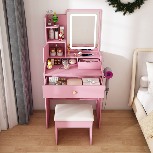 3-Color LED Vanity Mirror with Stool, Pink Dressing Table for Bedroom, 2 Drawers & 5 Storage Cabinets (4 Open + 1 Hidden), Adjustable Lighting (Pink) - MDF - Not Specified - Adjustable Shelves - Not Specified