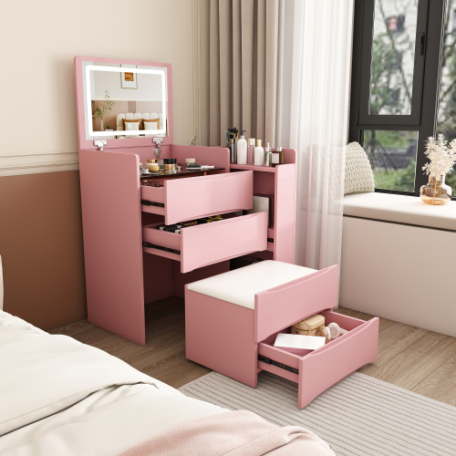 3-in-1 Flip Mirror Vanity Desk with Lights & Storage, Makeup Dressing Table with Adjustable LED, Side Sliding Tray and Stool, Space-Saving Furniture for Bedroom(Pink) - MDF - Luxury,Modern - Drawer - Not Specified - Not Specified