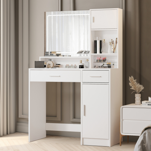 Vanity Desk with Mirror and LED Light Strip,Dressing Table with Large Drawer, 3 Level Storage Dresser & 3 Lighting Modes Adjustable Brightness, Suitable for Bedroom(white) - Particle Board - 3-Light