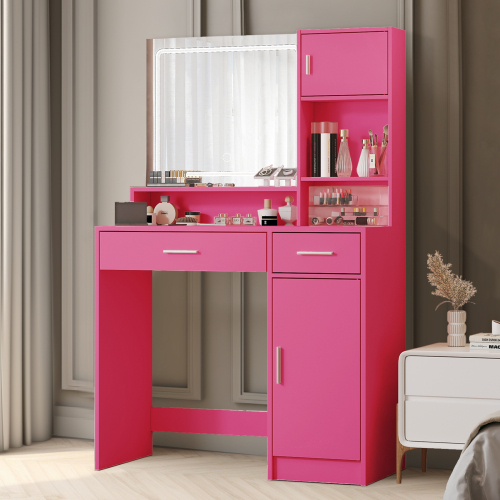 Vanity Desk with Mirror and LED Light Strip,Dressing Table with Large Drawer, 3 Level Storage Dresser & 3 Lighting Modes Adjustable Brightness, Suitable for Bedroom(Rose Pink) - Particle Board - 3-Light