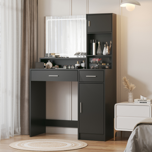 Vanity Desk with Mirror and LED Light Strip,Dressing Table with Large Drawer, 3 Level Storage Dresser & 3 Lighting Modes Adjustable Brightness, Suitable for Bedroom(Black) - Particle Board - 3-Light