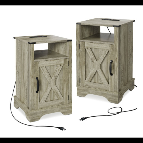 Set of 2, 16" Light Grey Farmhouse Nightstand w/ Charging Station & Storage - Metal & Wood - Engineered Wood - Metal & Wood