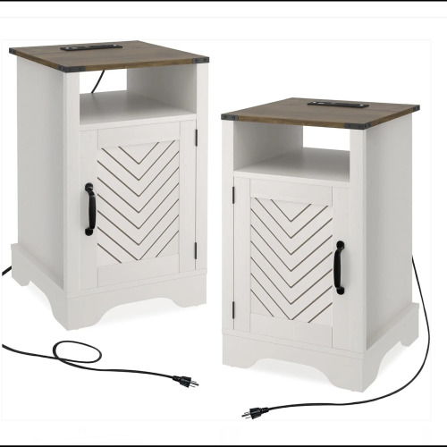 Set of 2, 16" White & Rustic Oak Farmhouse Nightstand w/ Charging Station & Storage - Metal & Wood - Engineered Wood - Metal & Wood
